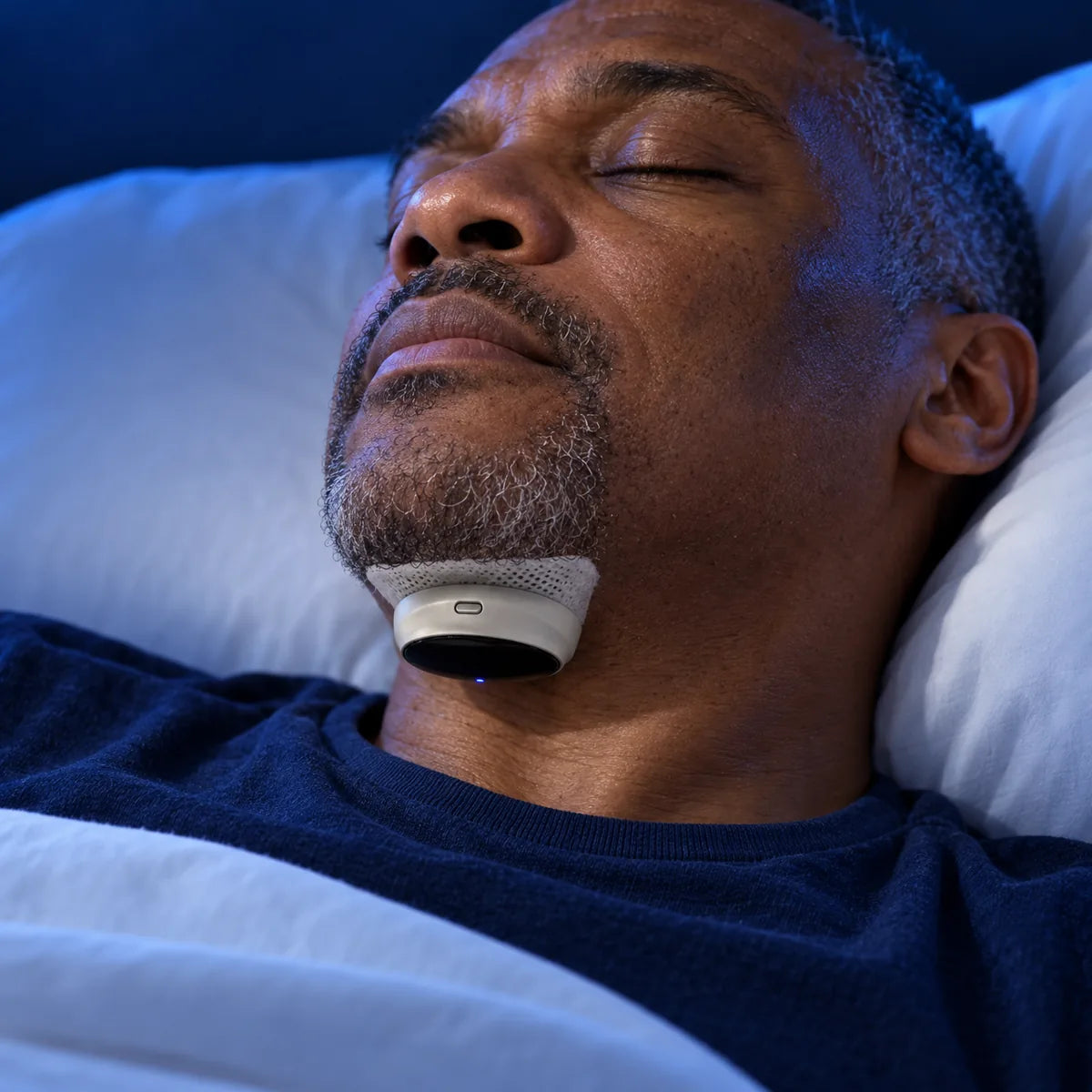 A man asleep wearing SleepEase under his chin