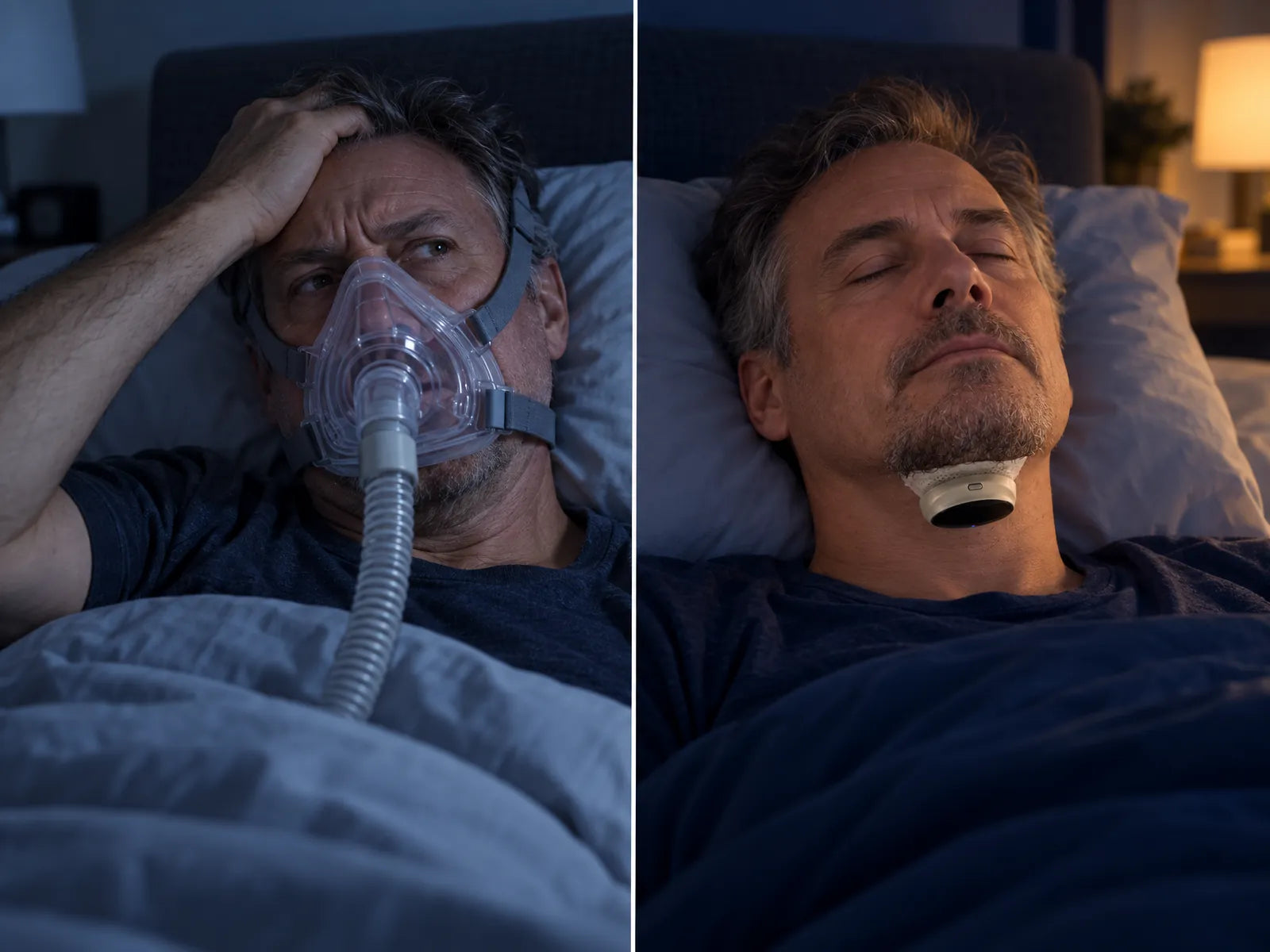 Left: a man awake in a full-face CPAP mask. Right: the same man asleep with SleepEase, no mask