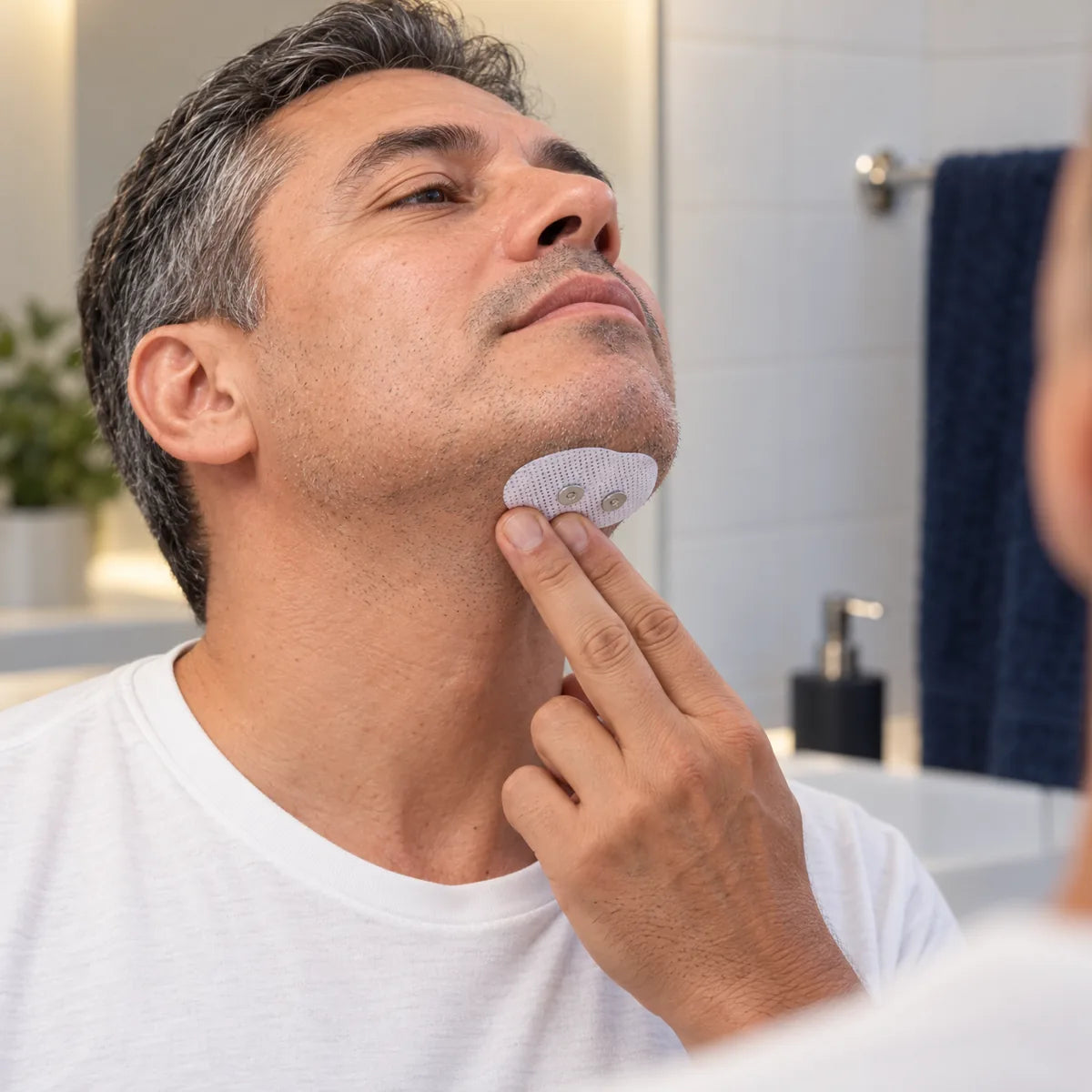 A man pressing a fresh patch under his chin in front of the mirror