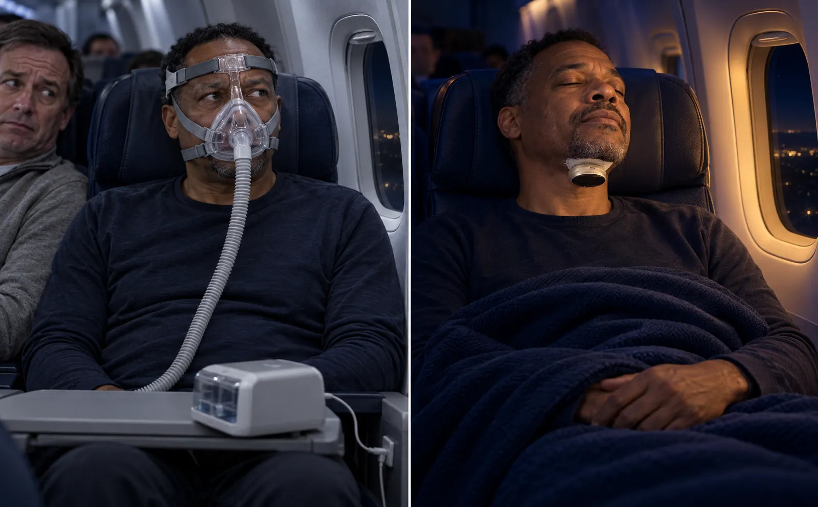 On a night flight: the same man in a CPAP mask, then asleep with SleepEase under his chin